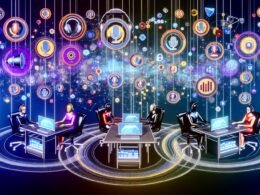 Stylisierte Collage: Marketer an futuristischen Schreibtischen mit schwebenden Podcast-Audiowellen, Sprachsymbolen, SEO-Charts und KI-Dashboards für Voice-Analytics und Marketing-KPIs.
