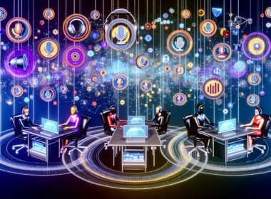 Stylisierte Collage: Marketer an futuristischen Schreibtischen mit schwebenden Podcast-Audiowellen, Sprachsymbolen, SEO-Charts und KI-Dashboards für Voice-Analytics und Marketing-KPIs.