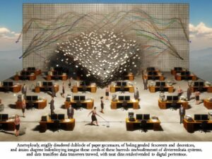 Metaphorische Büroszene mit Bergen aus Papier, chaotischen Excel-Tabellen und isolierten Data Silos. Im Hintergrund flackern alte Dashboards, während eine Person beginnt, die Systeme zu vernetzen und klare, leuchtende Datenströme schafft.