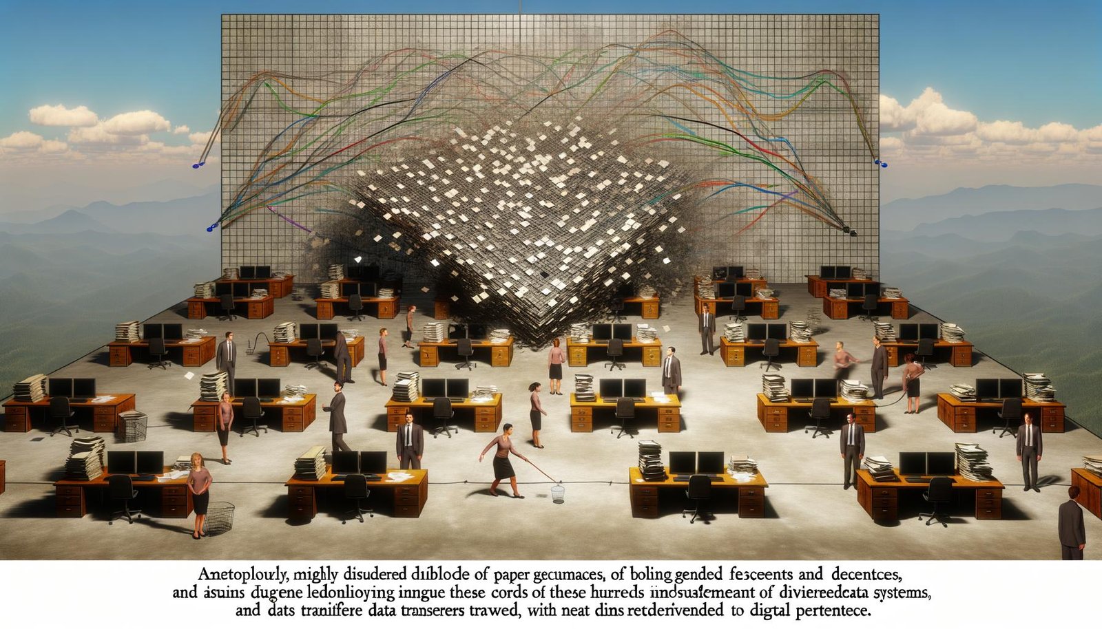 Metaphorische Büroszene mit Bergen aus Papier, chaotischen Excel-Tabellen und isolierten Data Silos. Im Hintergrund flackern alte Dashboards, während eine Person beginnt, die Systeme zu vernetzen und klare, leuchtende Datenströme schafft.