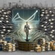 Moderner Büroraum mit chaotischen Akten, Kabelsalat und einem Marketer am digitalen Dashboard, der aus Rohdaten eine übersichtliche Geschäftsstrategie schafft.