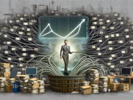 Moderner Büroraum mit chaotischen Akten, Kabelsalat und einem Marketer am digitalen Dashboard, der aus Rohdaten eine übersichtliche Geschäftsstrategie schafft.