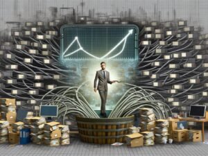 Moderner Büroraum mit chaotischen Akten, Kabelsalat und einem Marketer am digitalen Dashboard, der aus Rohdaten eine übersichtliche Geschäftsstrategie schafft.
