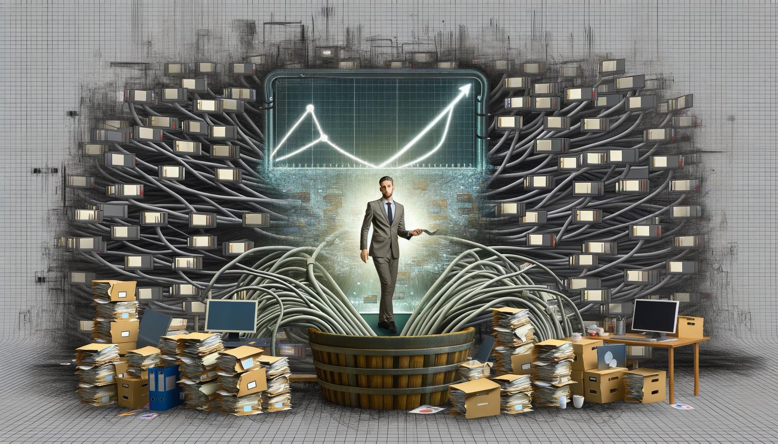 Moderner Büroraum mit chaotischen Akten, Kabelsalat und einem Marketer am digitalen Dashboard, der aus Rohdaten eine übersichtliche Geschäftsstrategie schafft.