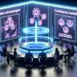 Futuristischer Arbeitsplatz mit Team, das transparente Dashboards analysiert, digitaler Datennutzungskern, Symbole für Automatisierung, Consent-Management und Datensicherheit im modernen Büro