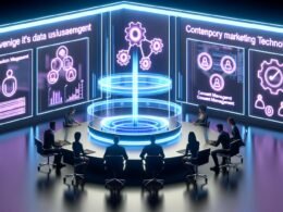 Futuristischer Arbeitsplatz mit Team, das transparente Dashboards analysiert, digitaler Datennutzungskern, Symbole für Automatisierung, Consent-Management und Datensicherheit im modernen Büro
