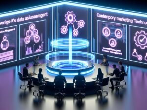 Futuristischer Arbeitsplatz mit Team, das transparente Dashboards analysiert, digitaler Datennutzungskern, Symbole für Automatisierung, Consent-Management und Datensicherheit im modernen Büro