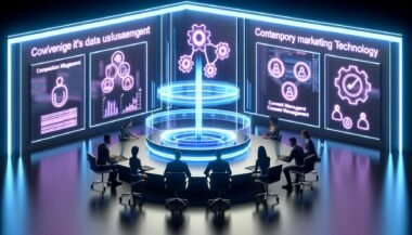 Futuristischer Arbeitsplatz mit Team, das transparente Dashboards analysiert, digitaler Datennutzungskern, Symbole für Automatisierung, Consent-Management und Datensicherheit im modernen Büro