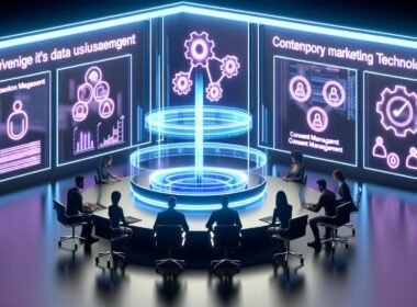Futuristischer Arbeitsplatz mit Team, das transparente Dashboards analysiert, digitaler Datennutzungskern, Symbole für Automatisierung, Consent-Management und Datensicherheit im modernen Büro