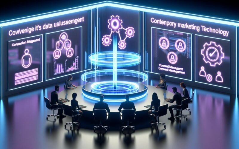 Futuristischer Arbeitsplatz mit Team, das transparente Dashboards analysiert, digitaler Datennutzungskern, Symbole für Automatisierung, Consent-Management und Datensicherheit im modernen Büro