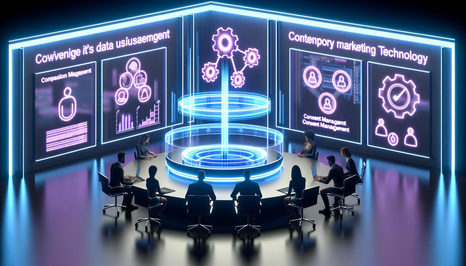Futuristischer Arbeitsplatz mit Team, das transparente Dashboards analysiert, digitaler Datennutzungskern, Symbole für Automatisierung, Consent-Management und Datensicherheit im modernen Büro