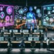 Cyberpunk-inspirierte Redaktion mit Menschen, Avataren, Hologrammen, leuchtenden Schaltflächen und futuristischer Stadt bei Nacht
