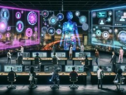 Cyberpunk-inspirierte Redaktion mit Menschen, Avataren, Hologrammen, leuchtenden Schaltflächen und futuristischer Stadt bei Nacht
