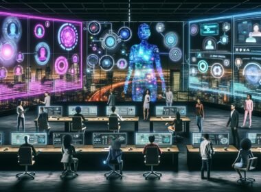 Cyberpunk-inspirierte Redaktion mit Menschen, Avataren, Hologrammen, leuchtenden Schaltflächen und futuristischer Stadt bei Nacht