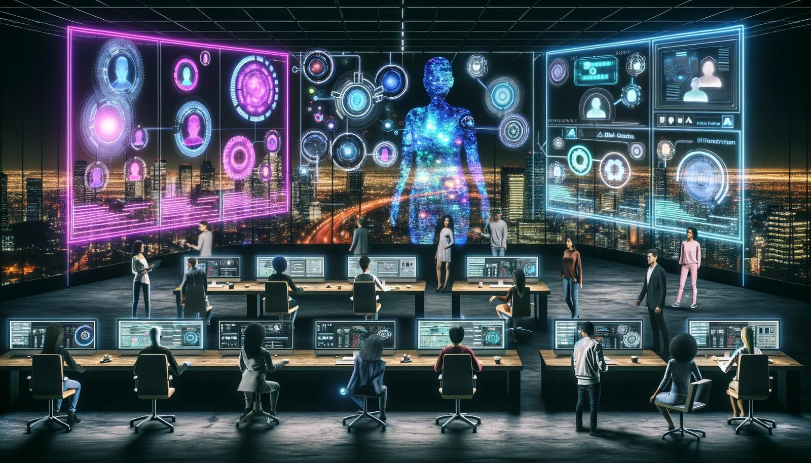 Cyberpunk-inspirierte Redaktion mit Menschen, Avataren, Hologrammen, leuchtenden Schaltflächen und futuristischer Stadt bei Nacht