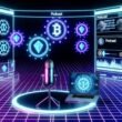 Futuristisches, im Neonlicht erstrahlendes Podcast-Studio mit moderner Technik, digitalem Wallet, NFT-Symbolen, animierten Blockchain-Verbindungen und holografischem Podbean-Logo.
