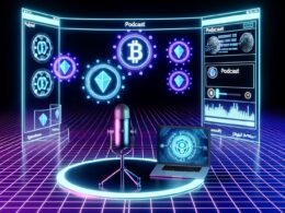 Futuristisches, im Neonlicht erstrahlendes Podcast-Studio mit moderner Technik, digitalem Wallet, NFT-Symbolen, animierten Blockchain-Verbindungen und holografischem Podbean-Logo.