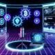 Futuristisches, im Neonlicht erstrahlendes Podcast-Studio mit moderner Technik, digitalem Wallet, NFT-Symbolen, animierten Blockchain-Verbindungen und holografischem Podbean-Logo.