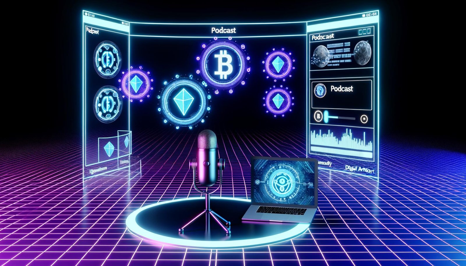 Futuristisches, im Neonlicht erstrahlendes Podcast-Studio mit moderner Technik, digitalem Wallet, NFT-Symbolen, animierten Blockchain-Verbindungen und holografischem Podbean-Logo.