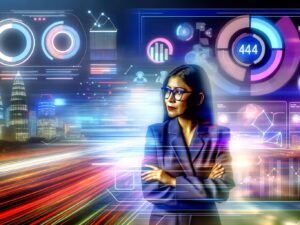 Titelbild mit Business-Marketer vor futuristischem, holografischen Daten-Dashboard. Neonfarbene Diagramme und Verbindungslinien schweben dynamisch im Raum, während im Hintergrund unscharfe Firmen und chaotische Datenströme zu sehen sind.