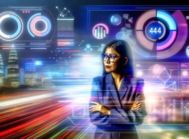 Titelbild mit Business-Marketer vor futuristischem, holografischen Daten-Dashboard. Neonfarbene Diagramme und Verbindungslinien schweben dynamisch im Raum, während im Hintergrund unscharfe Firmen und chaotische Datenströme zu sehen sind.