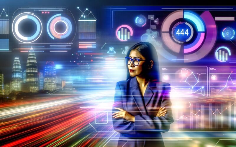 Titelbild mit Business-Marketer vor futuristischem, holografischen Daten-Dashboard. Neonfarbene Diagramme und Verbindungslinien schweben dynamisch im Raum, während im Hintergrund unscharfe Firmen und chaotische Datenströme zu sehen sind.