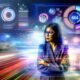 Titelbild mit Business-Marketer vor futuristischem, holografischen Daten-Dashboard. Neonfarbene Diagramme und Verbindungslinien schweben dynamisch im Raum, während im Hintergrund unscharfe Firmen und chaotische Datenströme zu sehen sind.