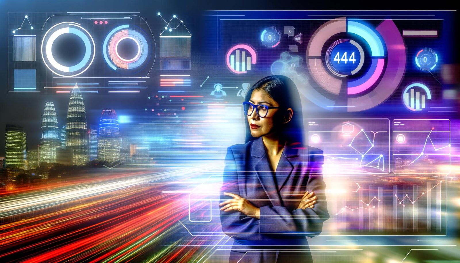 Titelbild mit Business-Marketer vor futuristischem, holografischen Daten-Dashboard. Neonfarbene Diagramme und Verbindungslinien schweben dynamisch im Raum, während im Hintergrund unscharfe Firmen und chaotische Datenströme zu sehen sind.