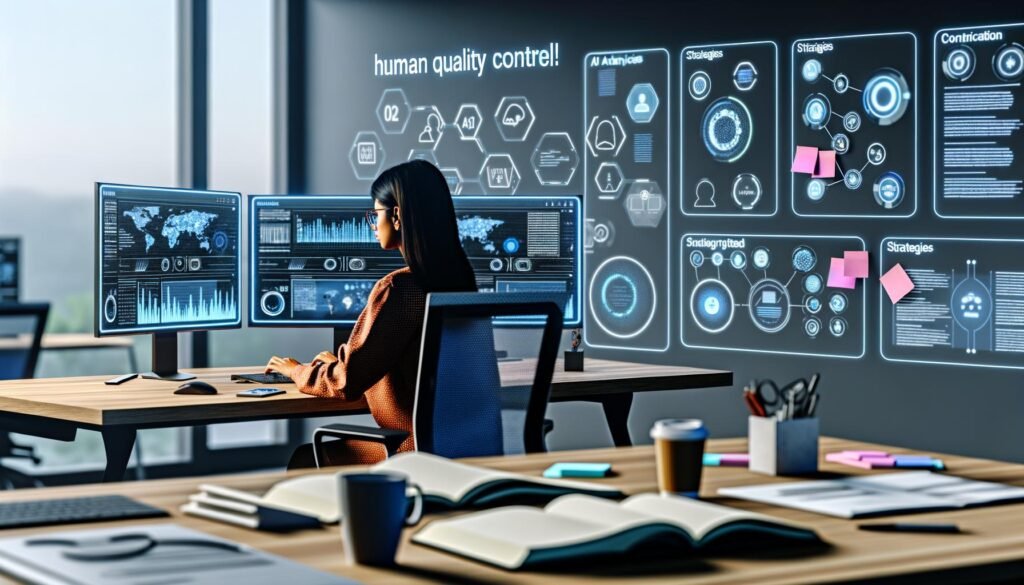 Futuristisches Büro mit mehreren Monitoren, KI-generierten Inhalten, Diagrammen und einer konzentriert arbeitenden Person vor offenen Notizbüchern und Kaffeetasse.