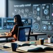 Futuristisches Büro mit mehreren Monitoren, KI-generierten Inhalten, Diagrammen und einer konzentriert arbeitenden Person vor offenen Notizbüchern und Kaffeetasse.