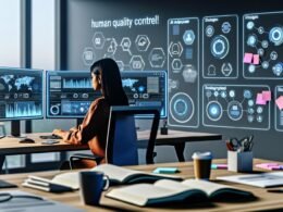 Futuristisches Büro mit mehreren Monitoren, KI-generierten Inhalten, Diagrammen und einer konzentriert arbeitenden Person vor offenen Notizbüchern und Kaffeetasse.