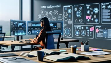 Futuristisches Büro mit mehreren Monitoren, KI-generierten Inhalten, Diagrammen und einer konzentriert arbeitenden Person vor offenen Notizbüchern und Kaffeetasse.
