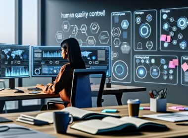 Futuristisches Büro mit mehreren Monitoren, KI-generierten Inhalten, Diagrammen und einer konzentriert arbeitenden Person vor offenen Notizbüchern und Kaffeetasse.