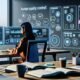 Futuristisches Büro mit mehreren Monitoren, KI-generierten Inhalten, Diagrammen und einer konzentriert arbeitenden Person vor offenen Notizbüchern und Kaffeetasse.