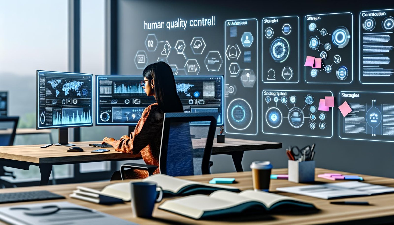 Futuristisches Büro mit mehreren Monitoren, KI-generierten Inhalten, Diagrammen und einer konzentriert arbeitenden Person vor offenen Notizbüchern und Kaffeetasse.