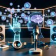 Futuristisches Podcast-Studio mit holographischen Audio-Wellen, Smart Speakern, großen Monitoren mit KI-Modellen und einer menschlichen Hand, die ein Mikrofon Richtung digitalen Avatar hält.