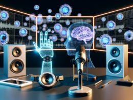 Futuristisches Podcast-Studio mit holographischen Audio-Wellen, Smart Speakern, großen Monitoren mit KI-Modellen und einer menschlichen Hand, die ein Mikrofon Richtung digitalen Avatar hält.