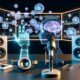 Futuristisches Podcast-Studio mit holographischen Audio-Wellen, Smart Speakern, großen Monitoren mit KI-Modellen und einer menschlichen Hand, die ein Mikrofon Richtung digitalen Avatar hält.