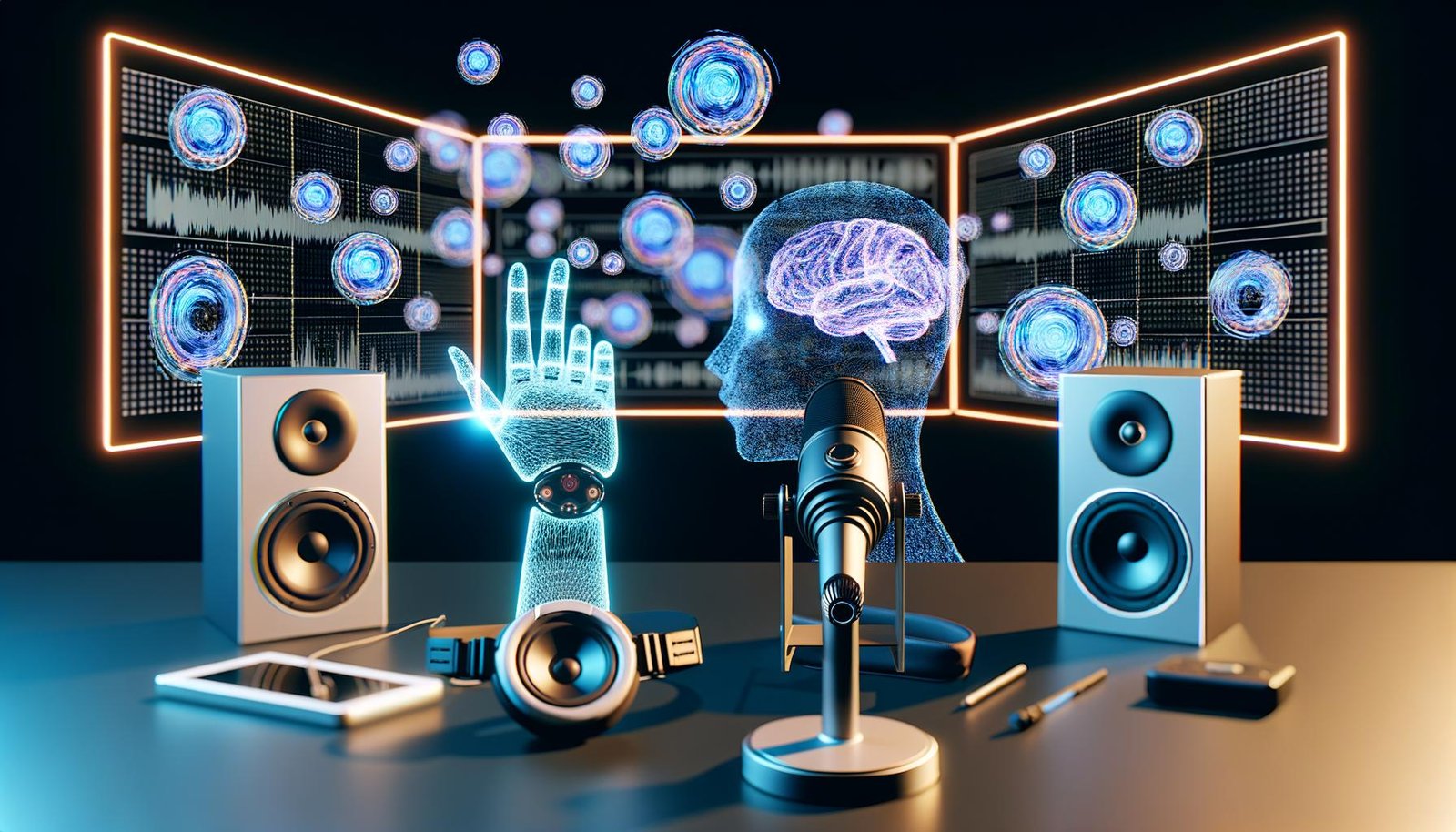 Futuristisches Podcast-Studio mit holographischen Audio-Wellen, Smart Speakern, großen Monitoren mit KI-Modellen und einer menschlichen Hand, die ein Mikrofon Richtung digitalen Avatar hält.