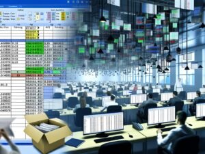Dynamisches Büro mit Mitarbeitenden, die an Excel-Tabellen, Datenquellen, Code-Editoren sowie automatisierten Data-Pipelines und Dashboards arbeiten.