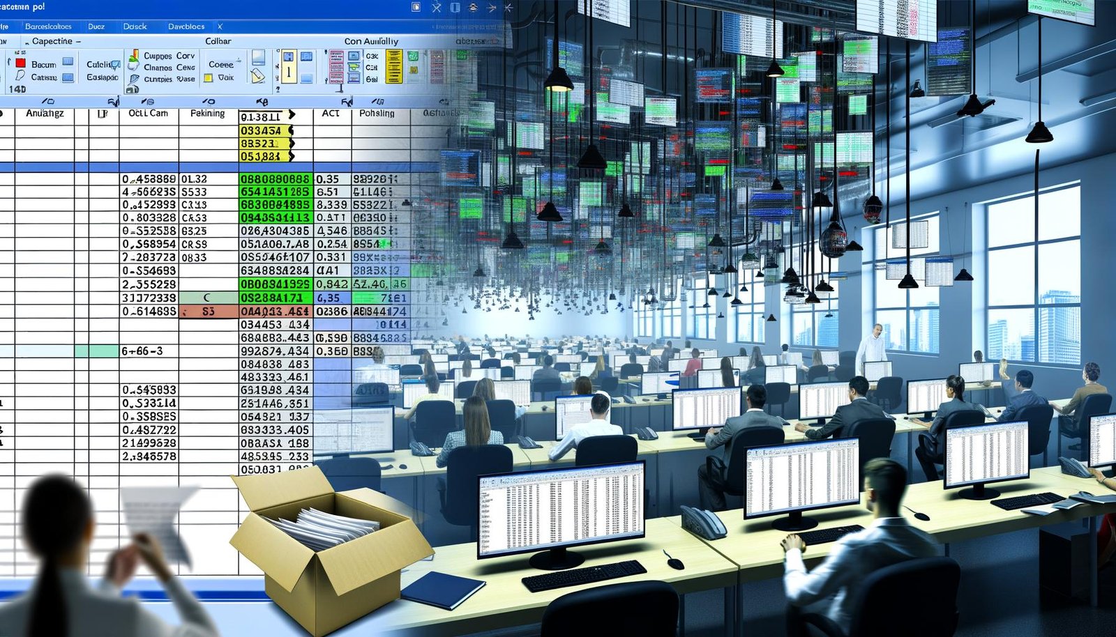 Dynamisches Büro mit Mitarbeitenden, die an Excel-Tabellen, Datenquellen, Code-Editoren sowie automatisierten Data-Pipelines und Dashboards arbeiten.
