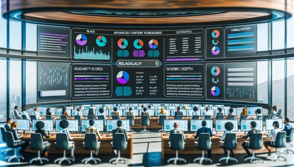 Redaktionelle Illustration eines futuristischen Kontrollraums mit Bildschirmen, Diagrammen und Managern, die KI-generierte Texte und Qualitätsmetriken überwachen.