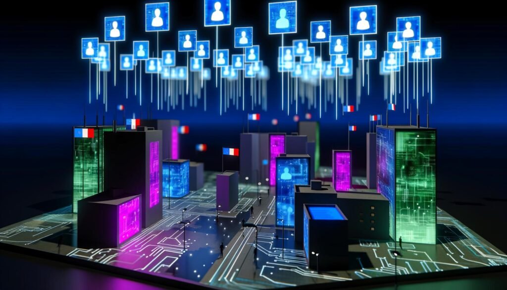 Futuristische digitale Stadt bei Nacht mit neonbeleuchteten Gebäuden, holografischen Pässen, digitalen Identitätskarten und pixeligen Nationalflaggen, verbunden durch leuchtende Blockchain-Ketten.