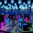 Futuristische digitale Stadt bei Nacht mit neonbeleuchteten Gebäuden, holografischen Pässen, digitalen Identitätskarten und pixeligen Nationalflaggen, verbunden durch leuchtende Blockchain-Ketten.