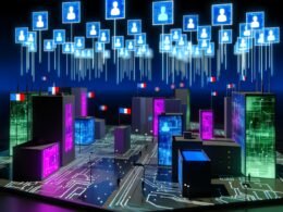 Futuristische digitale Stadt bei Nacht mit neonbeleuchteten Gebäuden, holografischen Pässen, digitalen Identitätskarten und pixeligen Nationalflaggen, verbunden durch leuchtende Blockchain-Ketten.