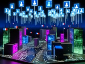 Futuristische digitale Stadt bei Nacht mit neonbeleuchteten Gebäuden, holografischen Pässen, digitalen Identitätskarten und pixeligen Nationalflaggen, verbunden durch leuchtende Blockchain-Ketten.