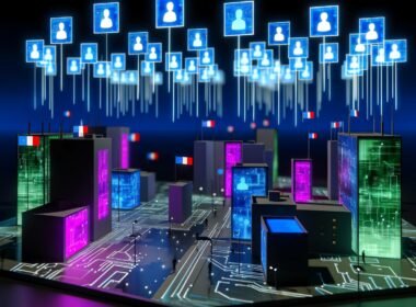 Futuristische digitale Stadt bei Nacht mit neonbeleuchteten Gebäuden, holografischen Pässen, digitalen Identitätskarten und pixeligen Nationalflaggen, verbunden durch leuchtende Blockchain-Ketten.