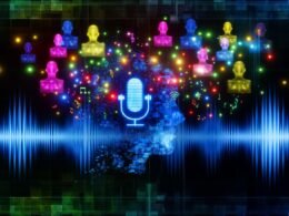 Futuristische Soundwave aus bunten Neonlinien mit verpixelten Avataren, KI-Chip und holografischen Mikrofonen in digitaler Matrix.