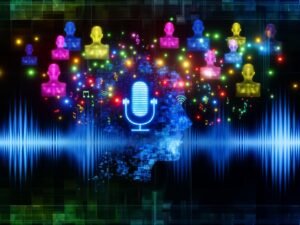 Futuristische Soundwave aus bunten Neonlinien mit verpixelten Avataren, KI-Chip und holografischen Mikrofonen in digitaler Matrix.