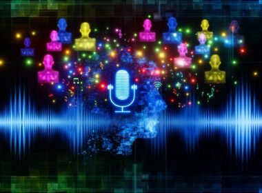 Futuristische Soundwave aus bunten Neonlinien mit verpixelten Avataren, KI-Chip und holografischen Mikrofonen in digitaler Matrix.
